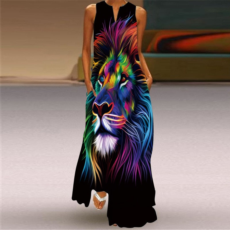 Vestido Vintage Estampa 3D Leão - Sem Manga